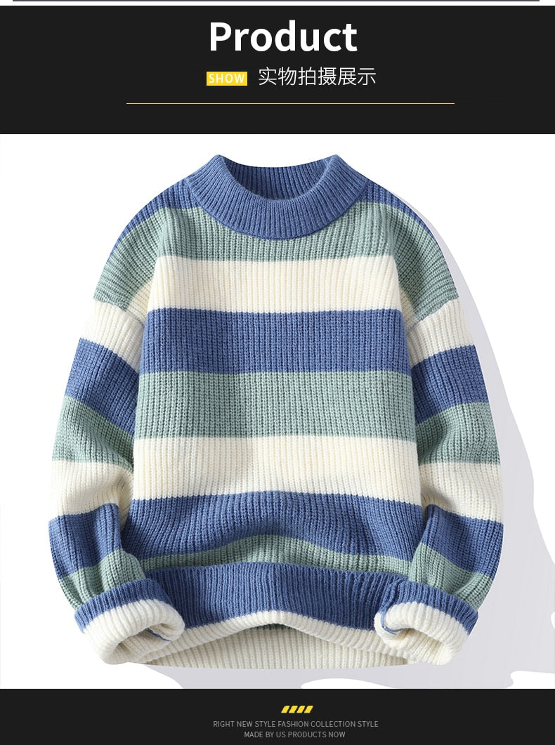 High End Men's Winter Sweater Pullover Clothing Korean Classic Multicolor stripe New O Neck Anti-pilling Handsome Casual 2022