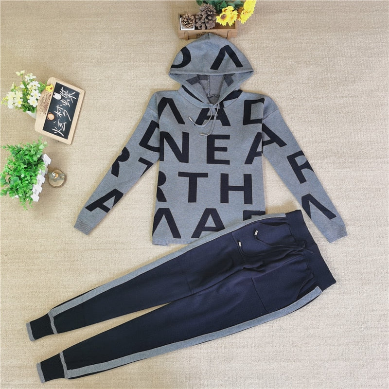 Fashion Autumn Women 2 Pieces Sets Casual Letter Print Patchwork Loose Knitted Sweater Sports Harlan Pants Suits Spring