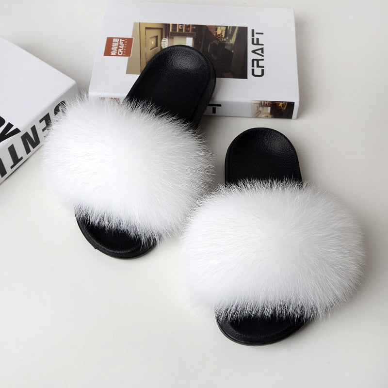 Women Summer Furry Fur Slippers Flat Non-slip Solid Real Fox Fur Slides Fluffy Slippers Ladies Shoes Woman Home Slipper