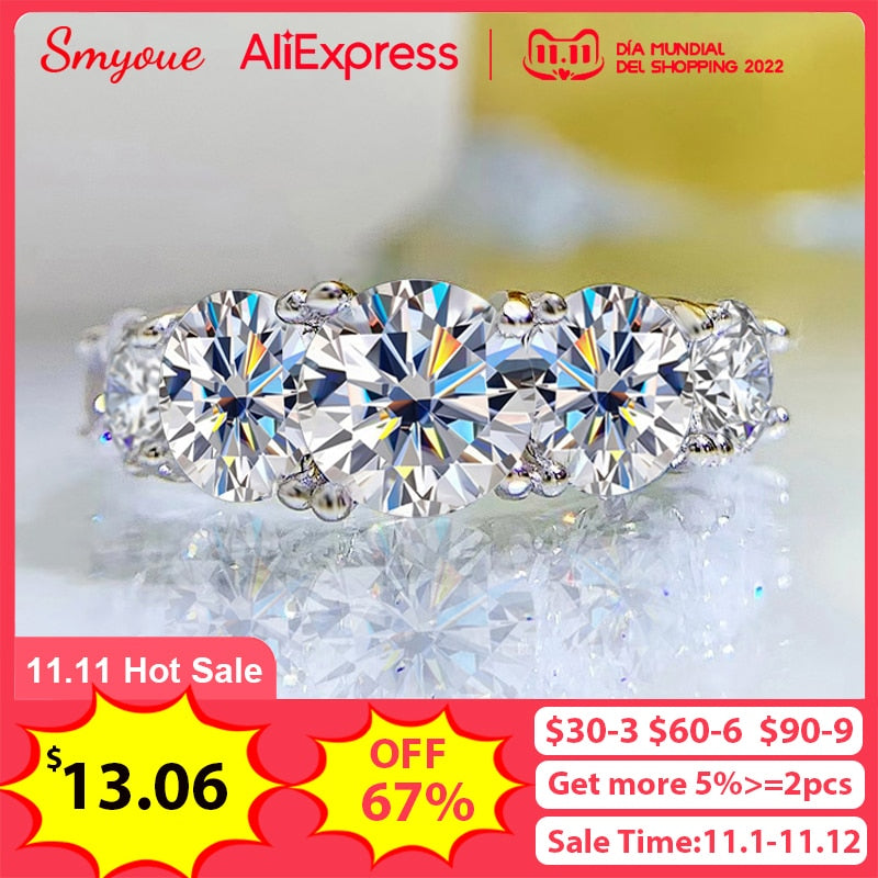 Smyoue 18k Plated 3.6CT All Moissanite Rings for Women 5 Stones Sparkling Diamond Wedding Band S925 Sterling Silver Jewelry