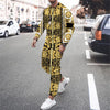 Fashion Men Long Sleeved and Trousers 2 Piece Set 3D Printed Stitching Pattern Vintage Round Neck Breathable High Quality Suit