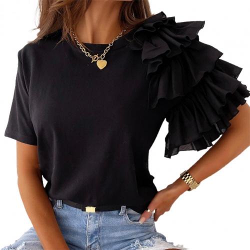 Fashion blouse women elegant white Solid Color Layered Ruffle Short Sleeve Asymmetric Loose T-shirt Top for Summer Women Blouses