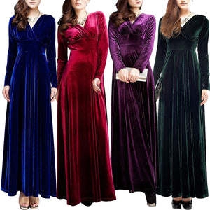 Autumn Winter Long Sleeve V Neck Pleated Banquet Party Maxi Dress Women's Elegant Vintage Sheath Bodycon Pencil Velvet Dress