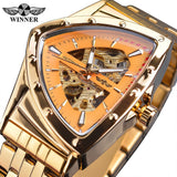Winner Golden Stainless Steel Watch Steampunk Swiss Design Mens Triangle Skeleton Transparent Automatic Mechanical Male Watches