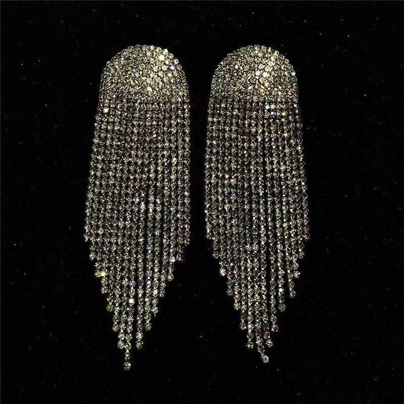 Europe And America New Exaggerated Full Rhinestone Tassel Earrings For Women Party Wedding Statement Jewelry Long Earings Gifts