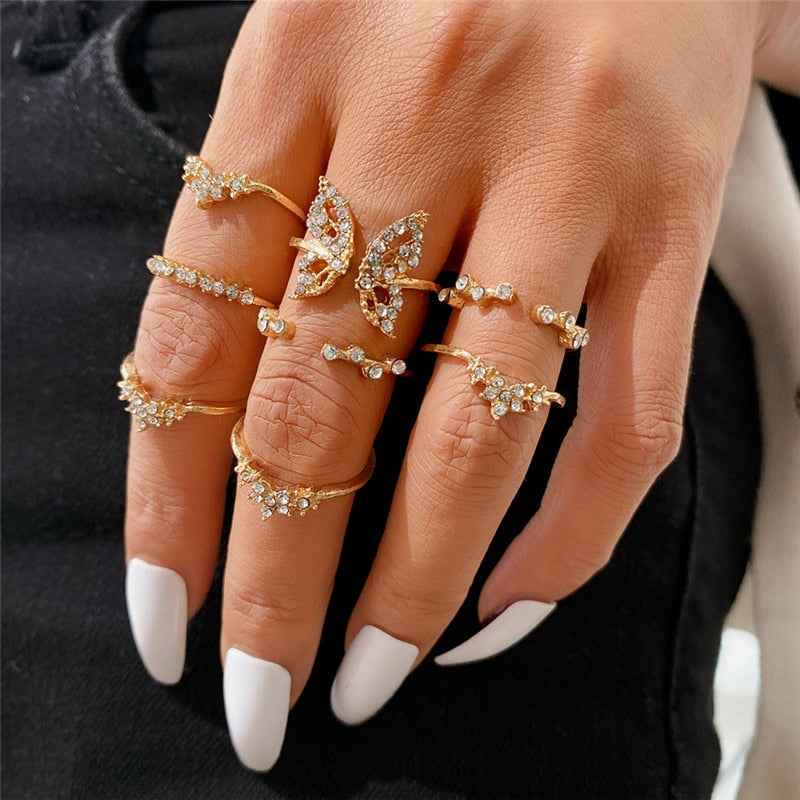 KOTiK Trendy Bohemian Midi Knuckle Ring Set For Women Gold Color Crystal Heart Flower Moon Geometric Finger Rings Jewelry Gifts