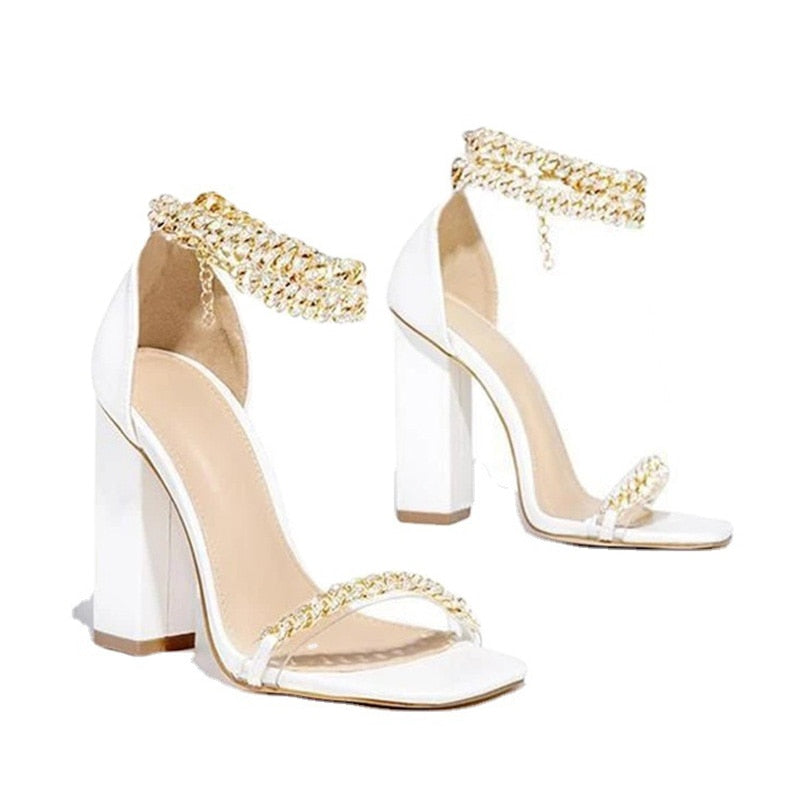 Women Fashion Sandals Crystal Chain High Heels （7cm）Female Shoes Woman Square Heel Open Toe Buckle Strap Ladies Sandals 2022 New