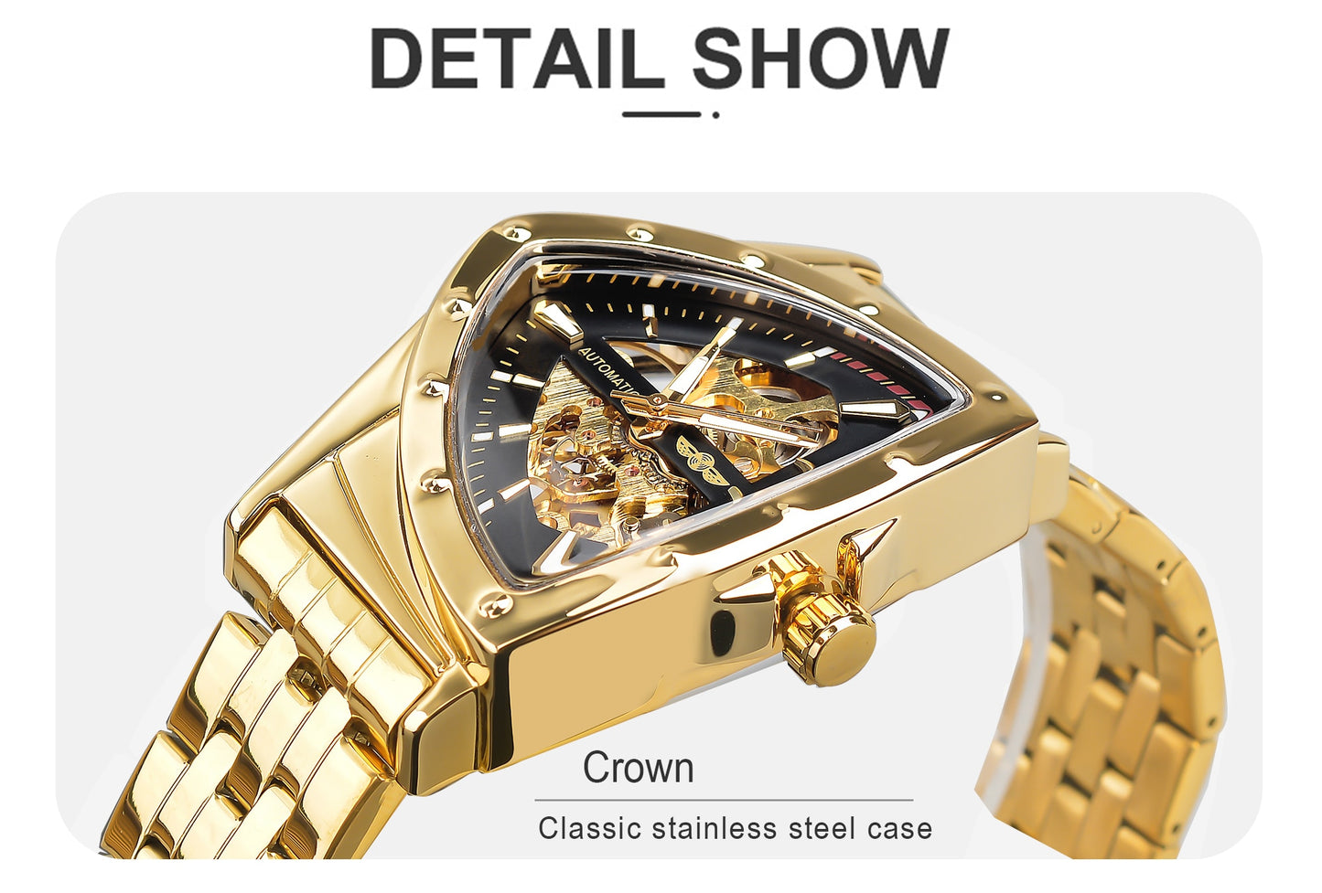 Winner Golden Stainless Steel Watch Steampunk Swiss Design Mens Triangle Skeleton Transparent Automatic Mechanical Male Watches