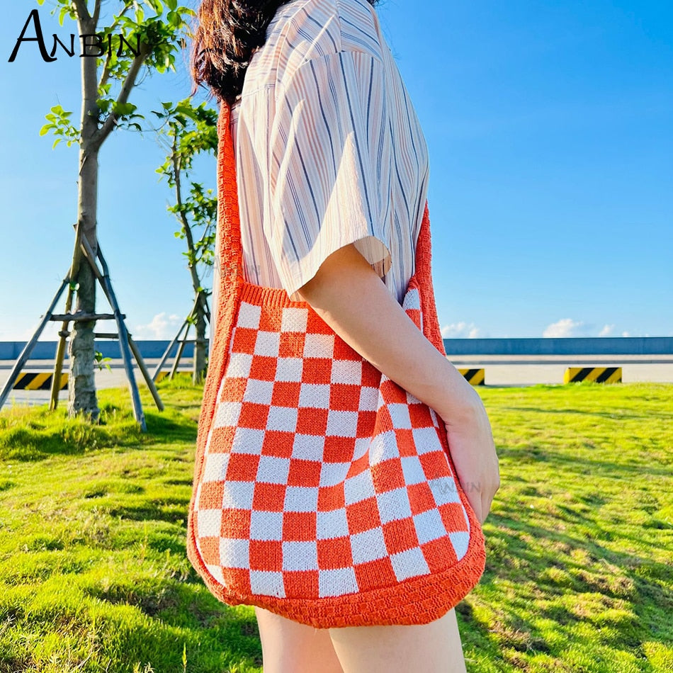 Korean Trend Women's Bag Female Shoulder Checker Plaid Design Knit Handbag Hobos Vintage Fashion Crochet Shopper Crossbody Bag