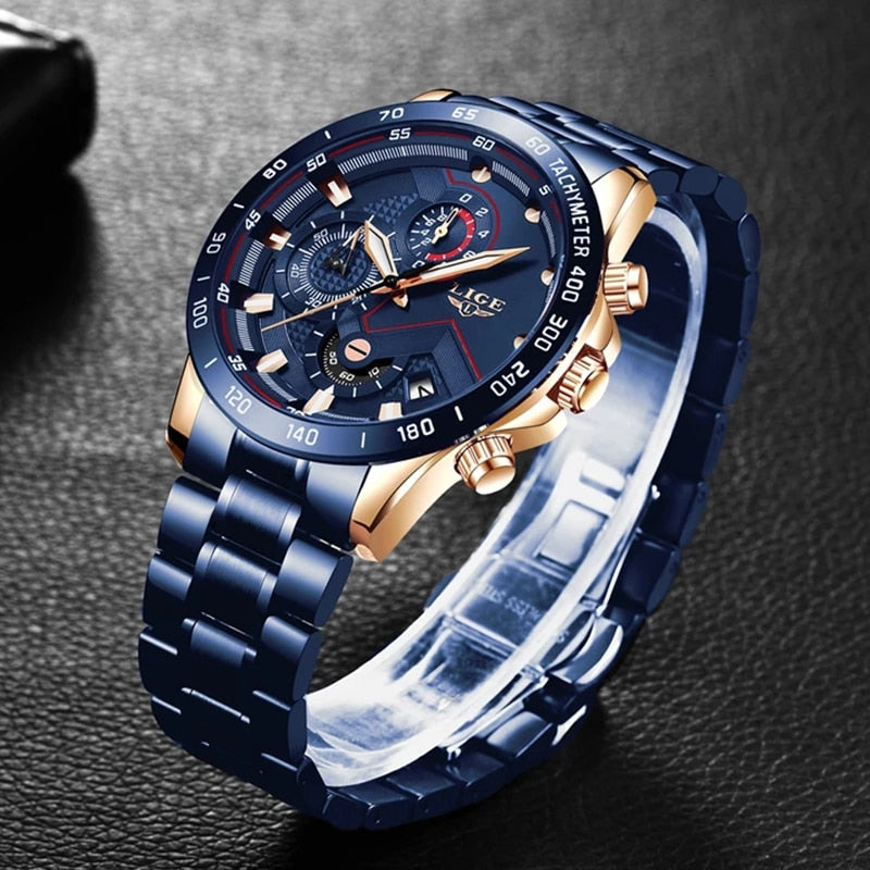 2022 New LIGE Fashion Mens Watches Stainless Steel Top Brand Luxury Sport Chronograph Quartz WithWatch For Men Relogio Masculino