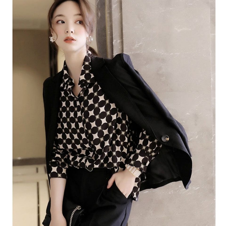 Office Lady Elegant Geometric Print Button Chiffon Shirt Spring Autumn 2022 Polo-Neck Long Sleeve Loose Blouse Women's Clothing