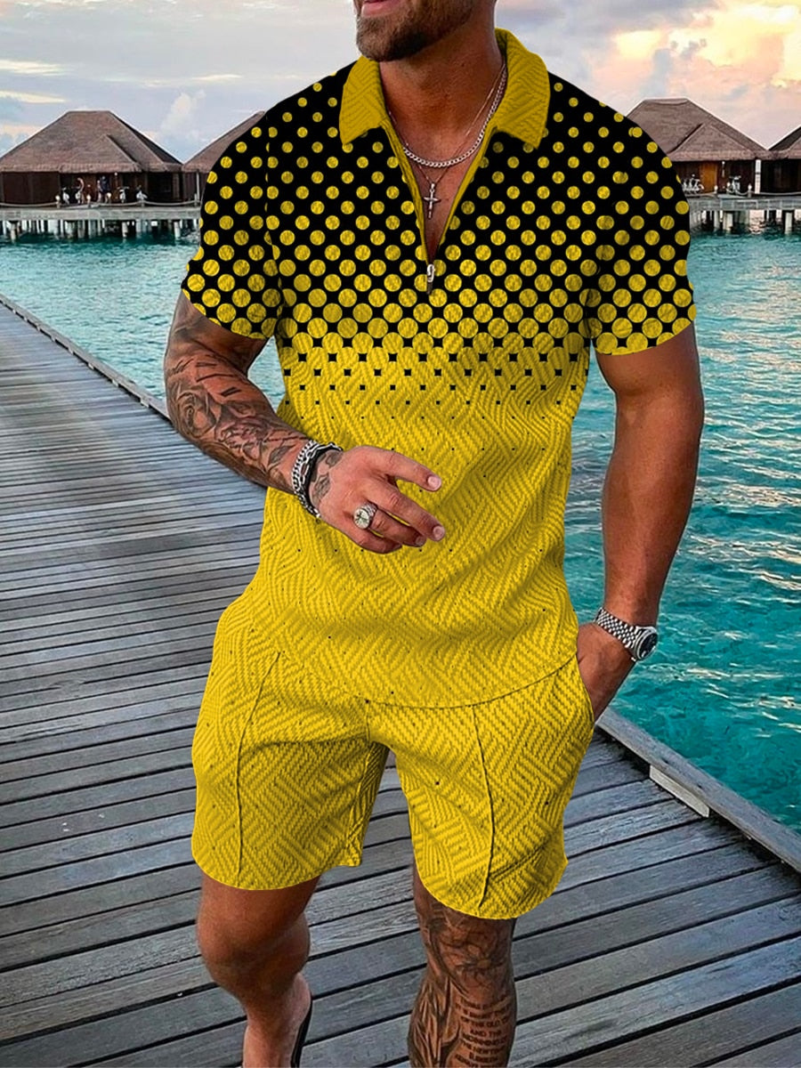 Men's Suit 3D Color Stitching Print Summer Short Sleeve Polo Shirt Shorts Suit Fashion Zipper Polo Shirt Two Piece Set New