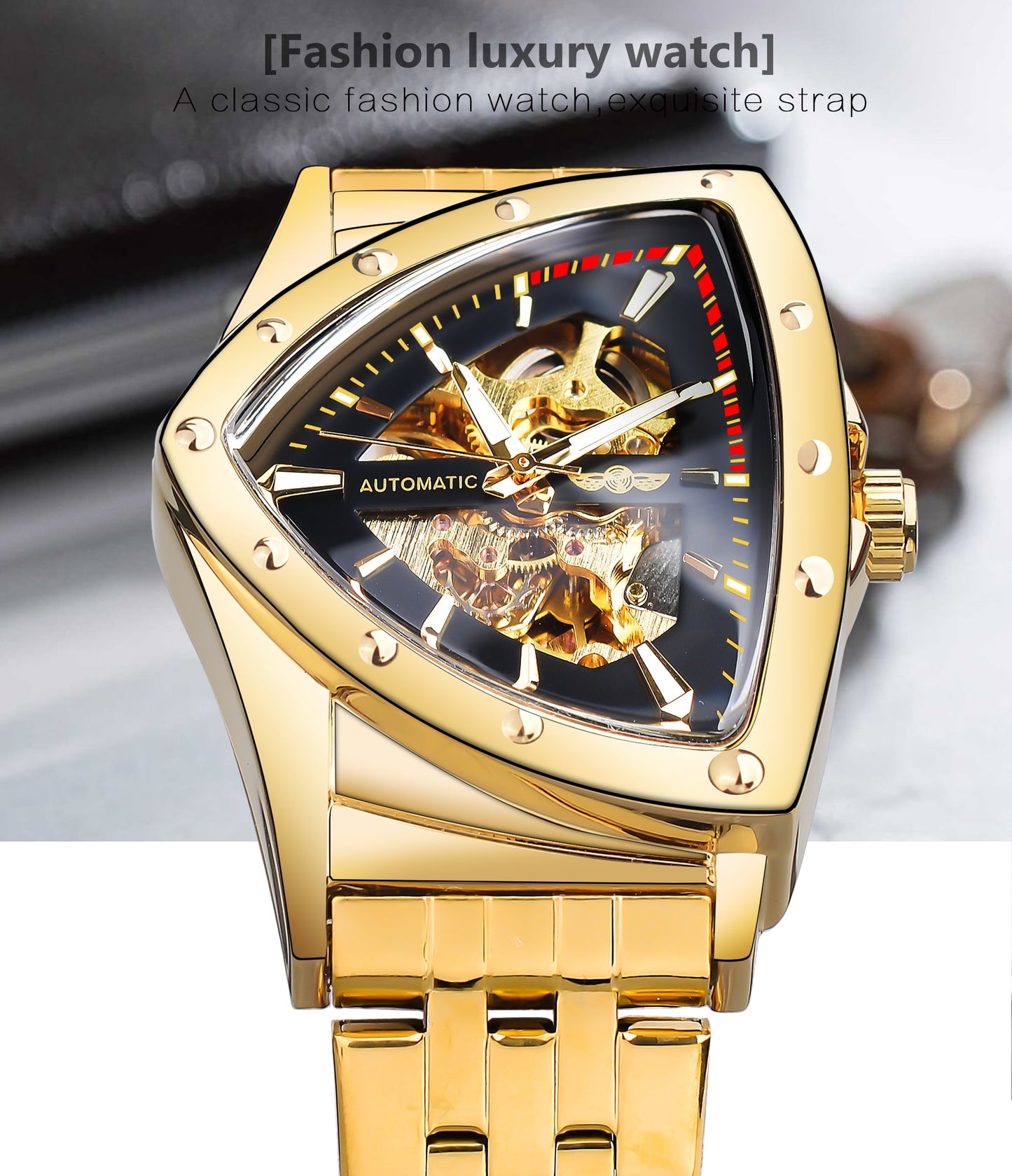 Winner Golden Stainless Steel Watch Steampunk Swiss Design Mens Triangle Skeleton Transparent Automatic Mechanical Male Watches