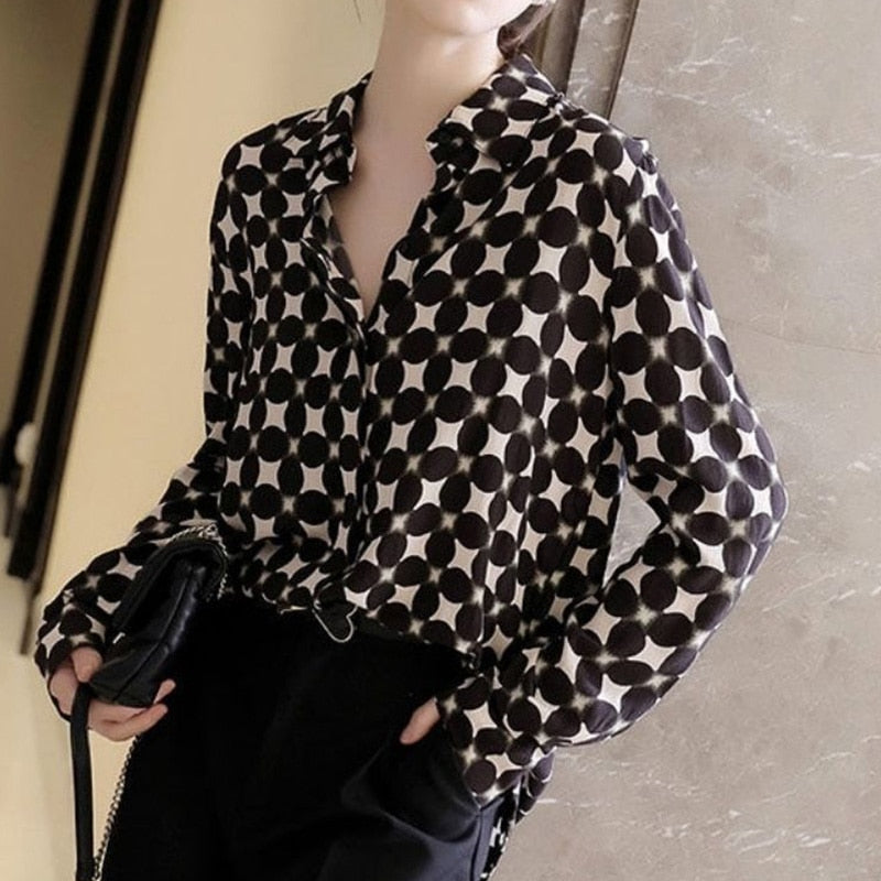 Office Lady Elegant Geometric Print Button Chiffon Shirt Spring Autumn 2022 Polo-Neck Long Sleeve Loose Blouse Women's Clothing