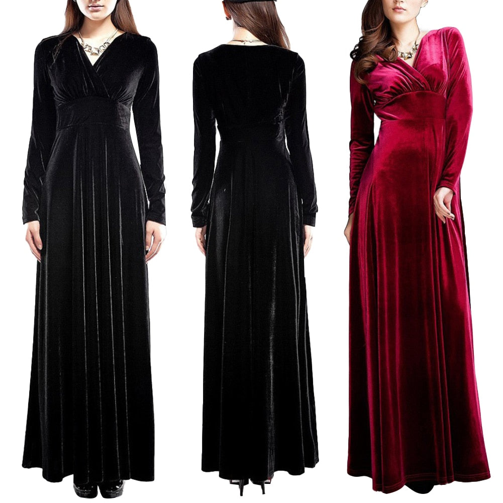 Autumn Winter Long Sleeve V Neck Pleated Banquet Party Maxi Dress Women's Elegant Vintage Sheath Bodycon Pencil Velvet Dress