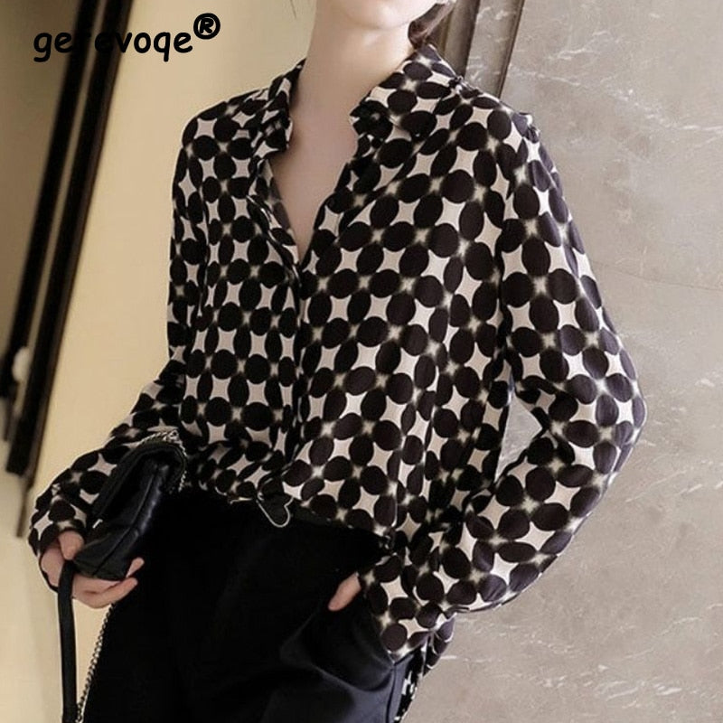 Office Lady Elegant Geometric Print Button Chiffon Shirt Spring Autumn 2022 Polo-Neck Long Sleeve Loose Blouse Women's Clothing