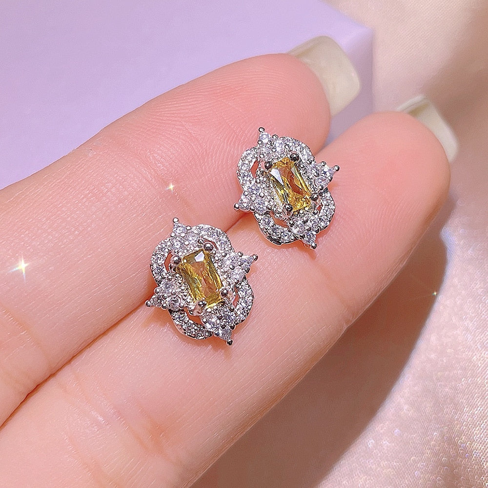 New Crown Square Yellow Diamond Micro Set Diamond Pendant Stud Earrings Necklace Set Ladies Cocktail Party Valentine's Day Gift