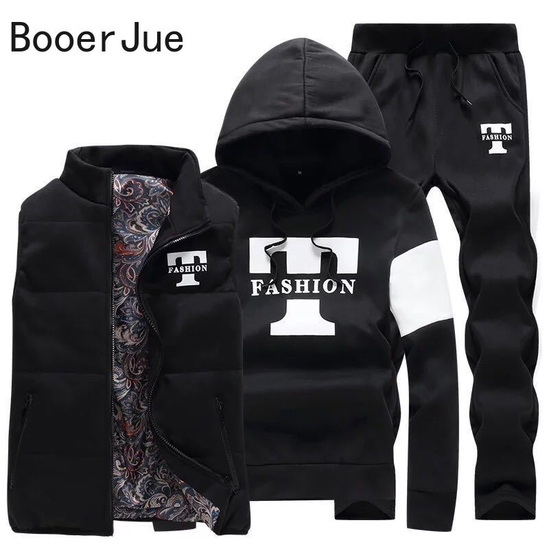 Men's Track Suit 3 Pieces Set Hoodies+Vest+Pants Casual Clothing Coats Winter Thick Warm Tracksuit for Men Printed Mens Set Vest