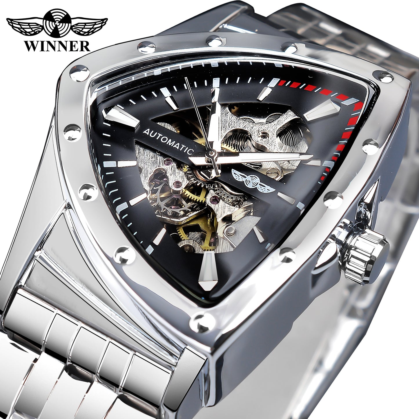 Winner Golden Stainless Steel Watch Steampunk Swiss Design Mens Triangle Skeleton Transparent Automatic Mechanical Male Watches