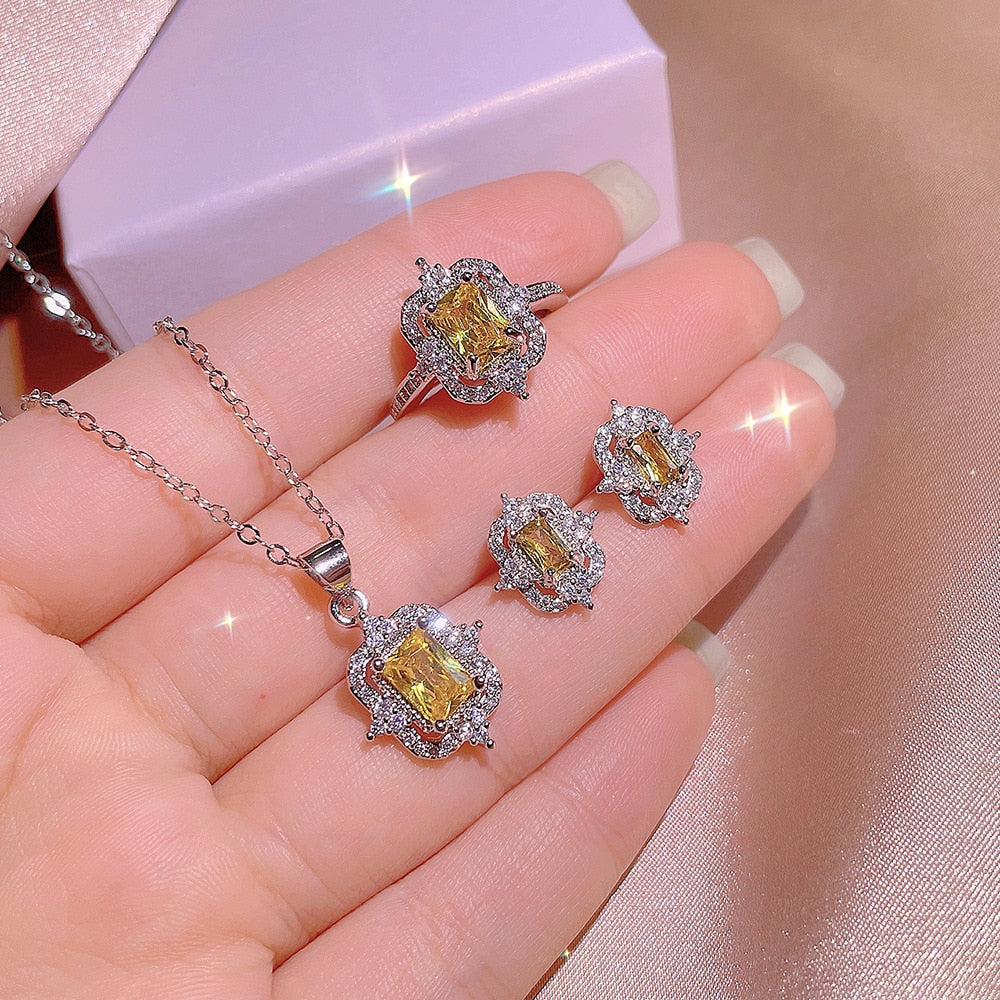 New Crown Square Yellow Diamond Micro Set Diamond Pendant Stud Earrings Necklace Set Ladies Cocktail Party Valentine's Day Gift