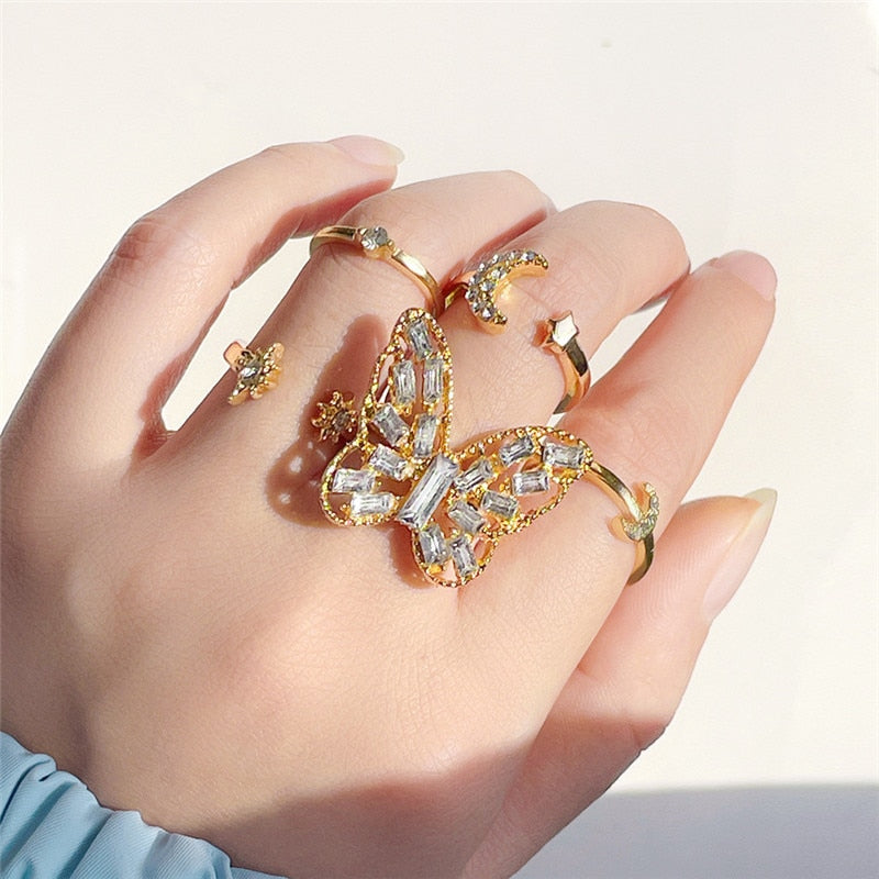 KOTiK Trendy Bohemian Midi Knuckle Ring Set For Women Gold Color Crystal Heart Flower Moon Geometric Finger Rings Jewelry Gifts