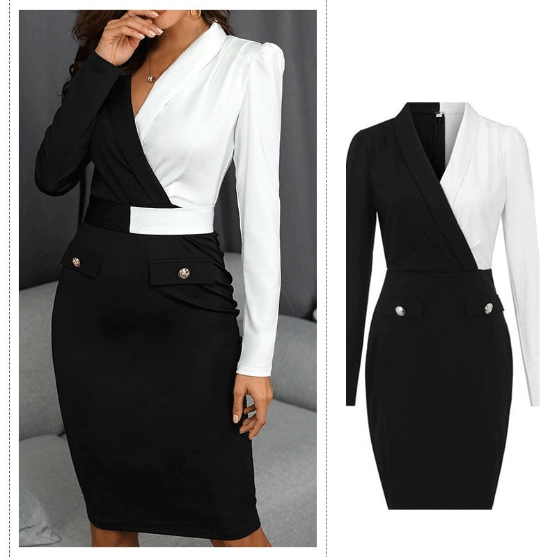 Women Elegant Long Sleeve Black and White Patchwork Casual Party Work Office Stretch Slim Pencil Sheath Bodycon Dresses Women