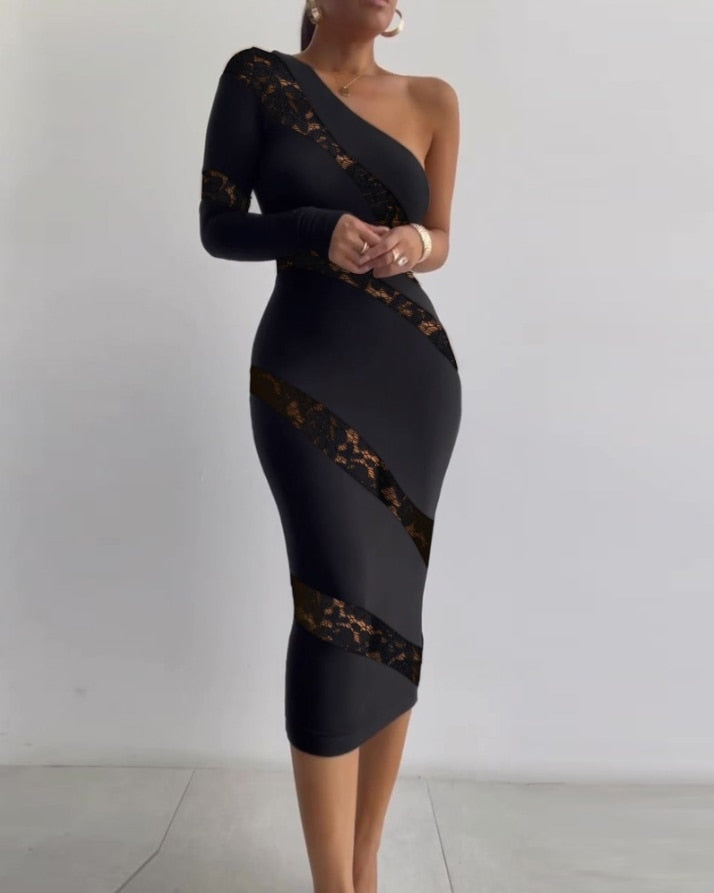 Sexy Women's Dresses 2022 Summer Contrast Lace One Shoulder Plain Long Sleeve Skinny Party Dress