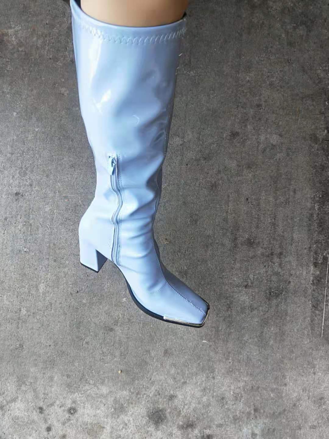 Women Boots Shiny Leather High Heel Boots Side Zipper Mid Calf Boots Metallic Chunky High Heels Long Boots Solid Autumn Winter