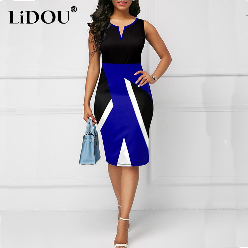 Summer Fashion Office Lady V-neck Simplicity Patchwork Midi Bodycon Dress Women Sleeveless Elegant Pencil Evening Party Dresses