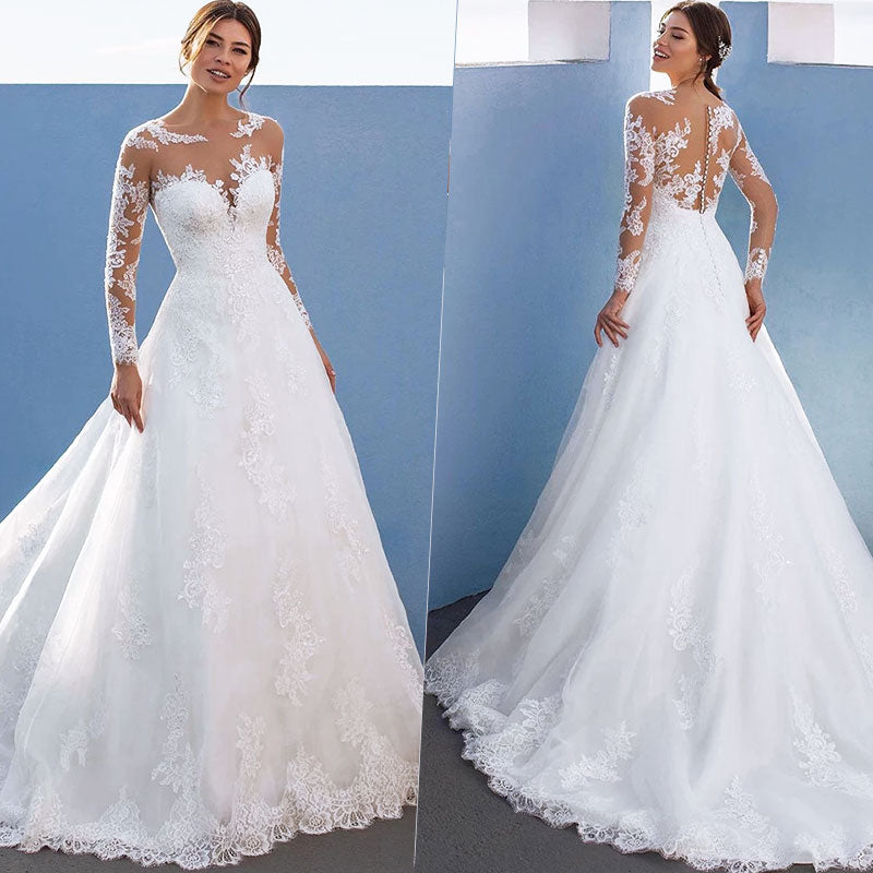 Sexy Lace Long Sleeve Wedding Dress Ball Gown 2022 Elegant Appliques Bridal Gown Sheer Neck Illusion Tulle Button Sweep Train