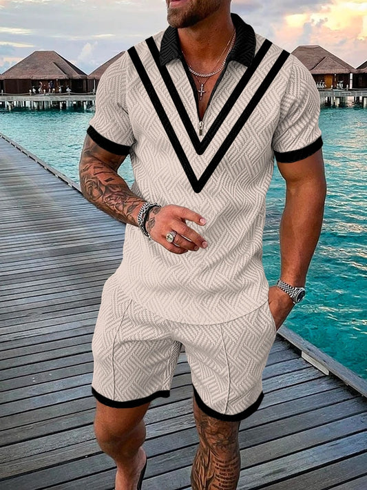 2022 Summer Men's Sportswear Suit Plaid printed short sleeve Zipper Polo Shirt Suit Vacation suit 2 pieces