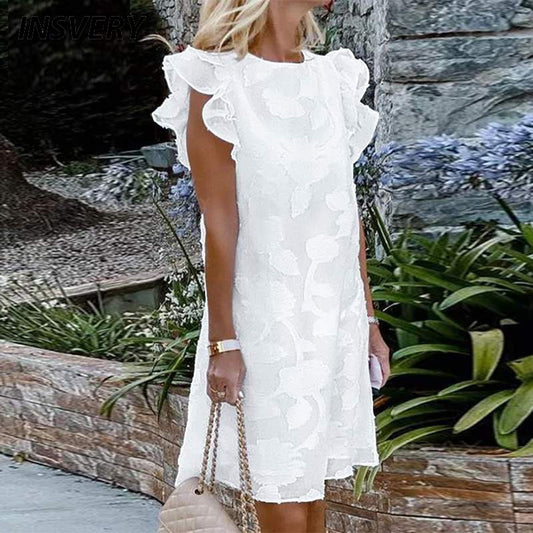 Summer Fashion Mini Dress Women Casual Solid Color O Neck Ruffle Design Short Sleeve Beach Party Ladies Dress White 2022