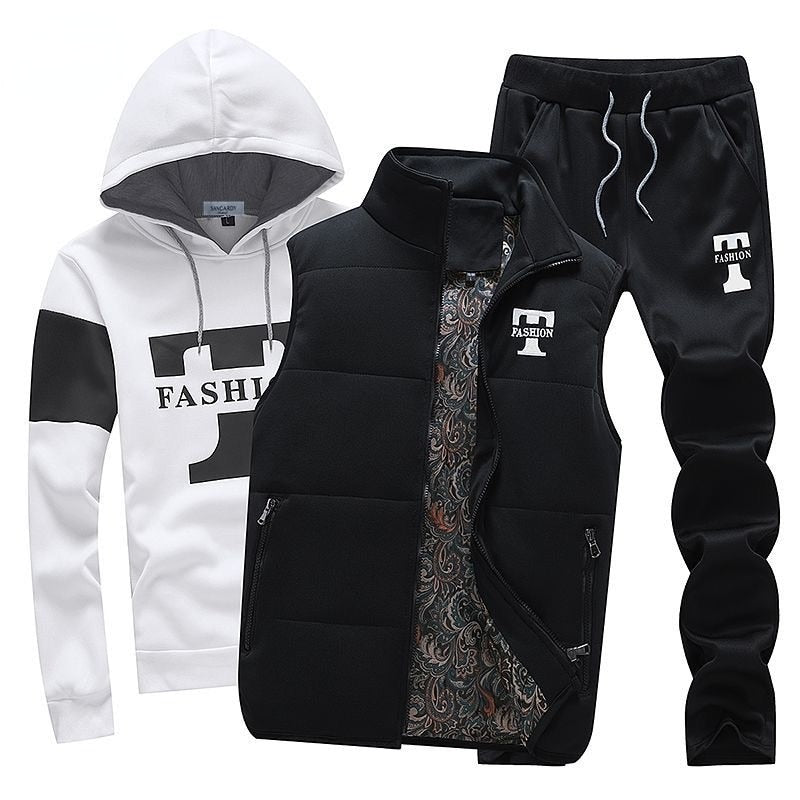 Men's Track Suit 3 Pieces Set Hoodies+Vest+Pants Casual Clothing Coats Winter Thick Warm Tracksuit for Men Printed Mens Set Vest