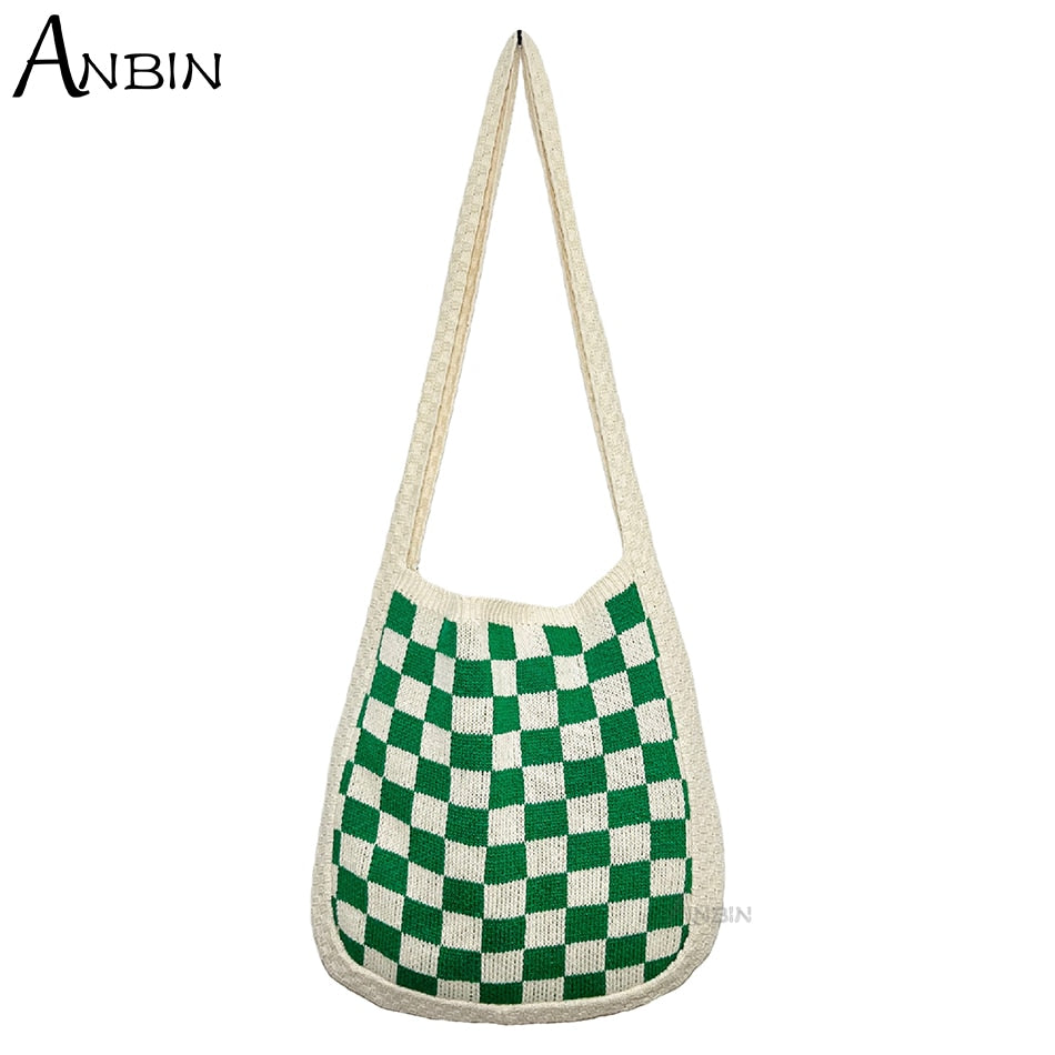 Korean Trend Women's Bag Female Shoulder Checker Plaid Design Knit Handbag Hobos Vintage Fashion Crochet Shopper Crossbody Bag