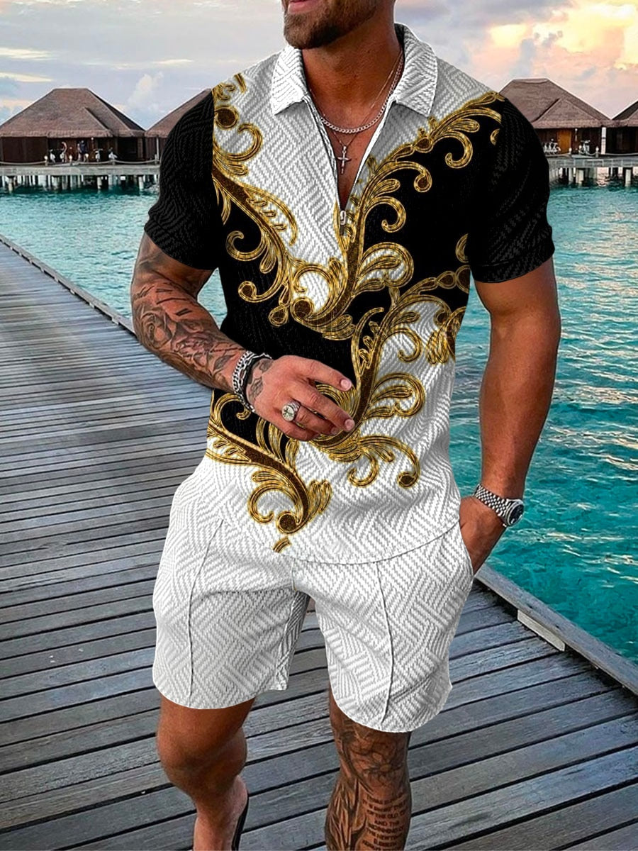 Men's Suit 3D Color Stitching Print Summer Short Sleeve Polo Shirt Shorts Suit Fashion Zipper Polo Shirt Two Piece Set New