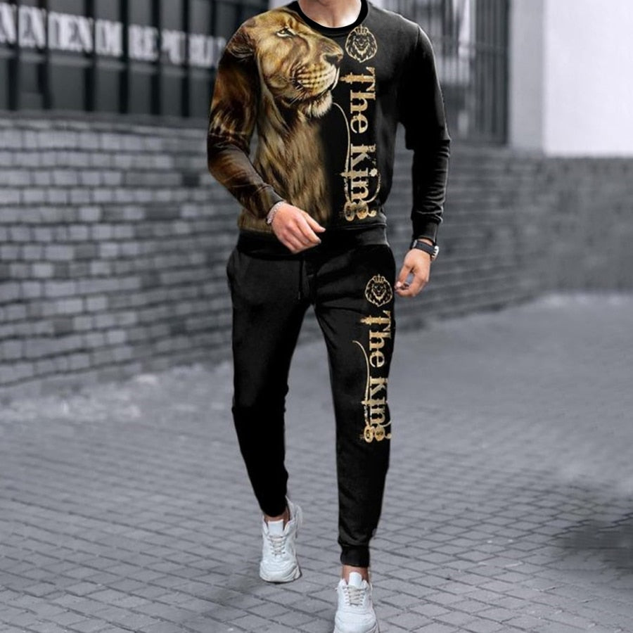 The Lion King Men's Set Casual Sportswear Running Suit Men Long-sleeved Autumn T-shirt+Sports Tracksuit 2-Piece Plus Size Set