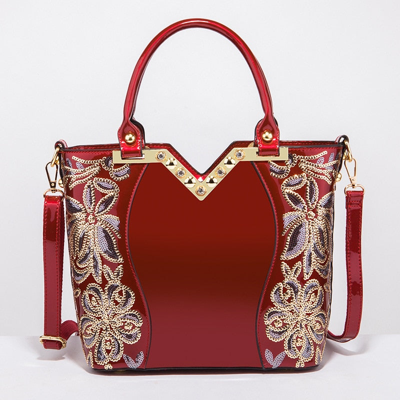 AMELISH Luxury Bag for Women 2022 High Quality Patent Leather Flower Embroidery Diamond Tote Handbag Fashion Female Shoulder Bag