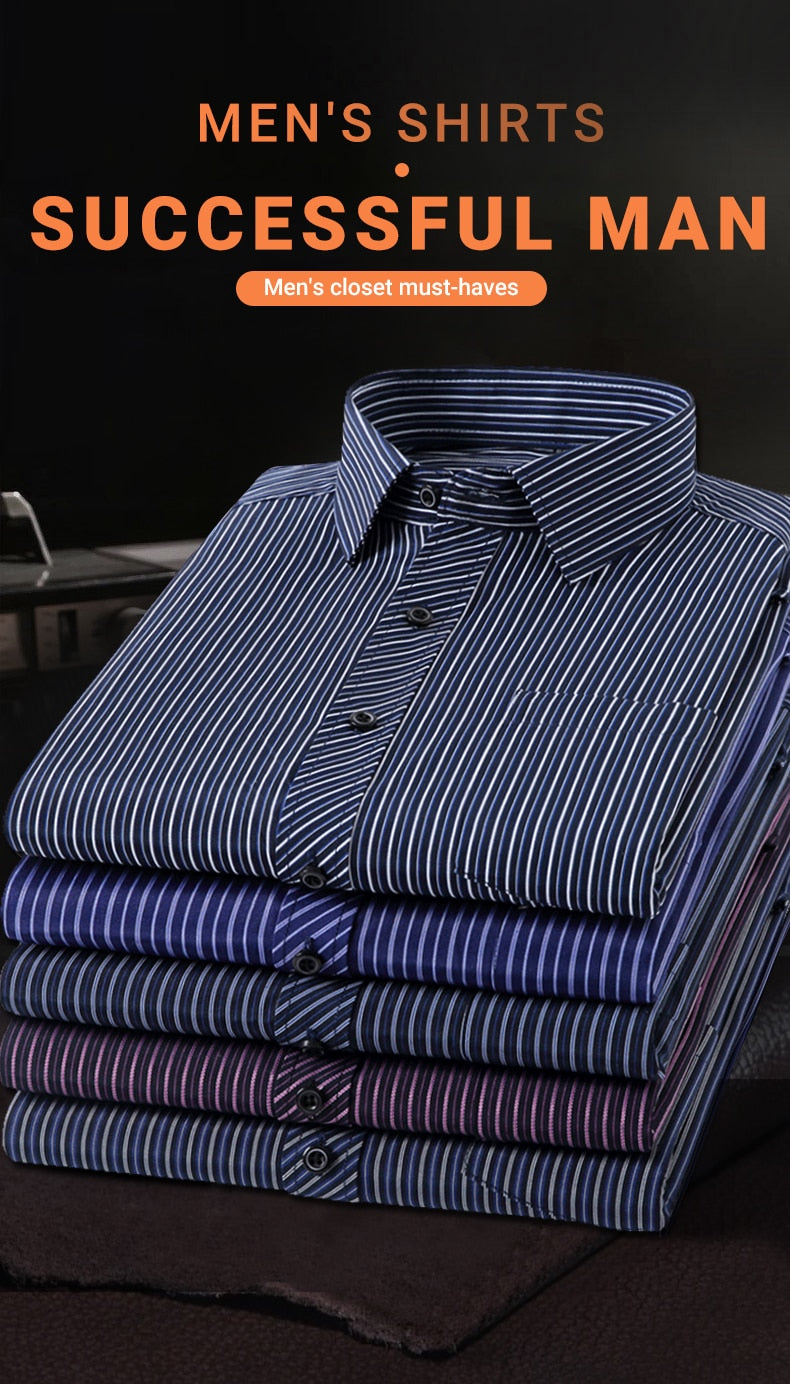 Plus Size Mans Cotton Shirts Hight Quality Business Casual Shirt Slim Fit Long-Sleeve Striped Chemise Male Formal Office Dress