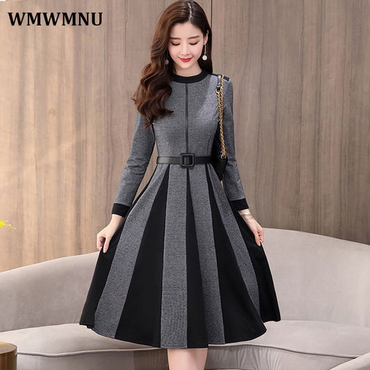 Casual Little Plaid Spliced Hem Pleated A-Line Dresses Women Fall Vintage Belted Long Sleeve Dress Elegant Knee-Length Vestidos