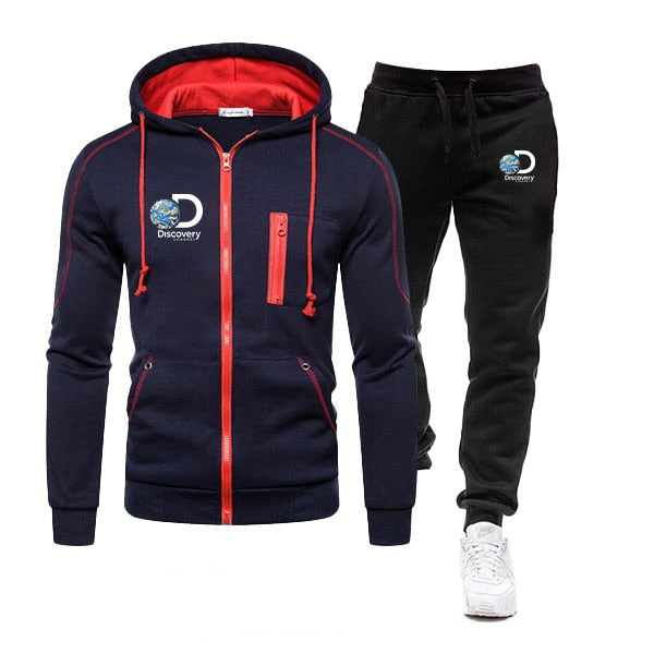 Discovery Channel Men's Zipper Hoodies Male Sweatshirt+Sweatpants Suit 2Pcs Warm Tracksuit Sets Men's Luxury Hoodies Outwear