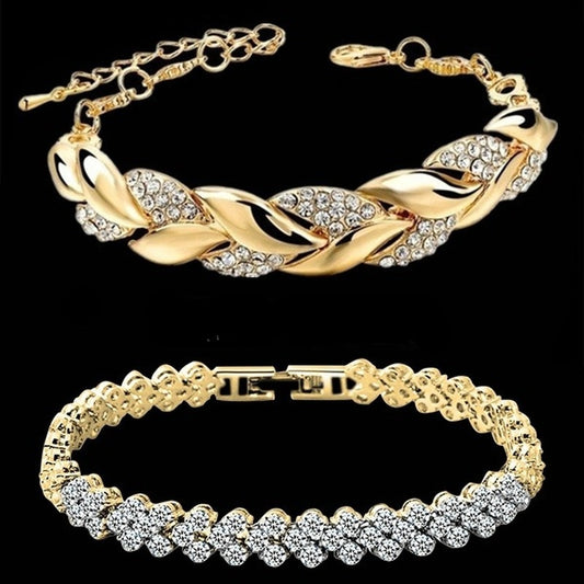 Bohemian Style Women Gold Bracelet Rhinestone Leaves Chain Bangle Luxury Gold Braided Wedding Jewelry Christmas Gift Jewelry