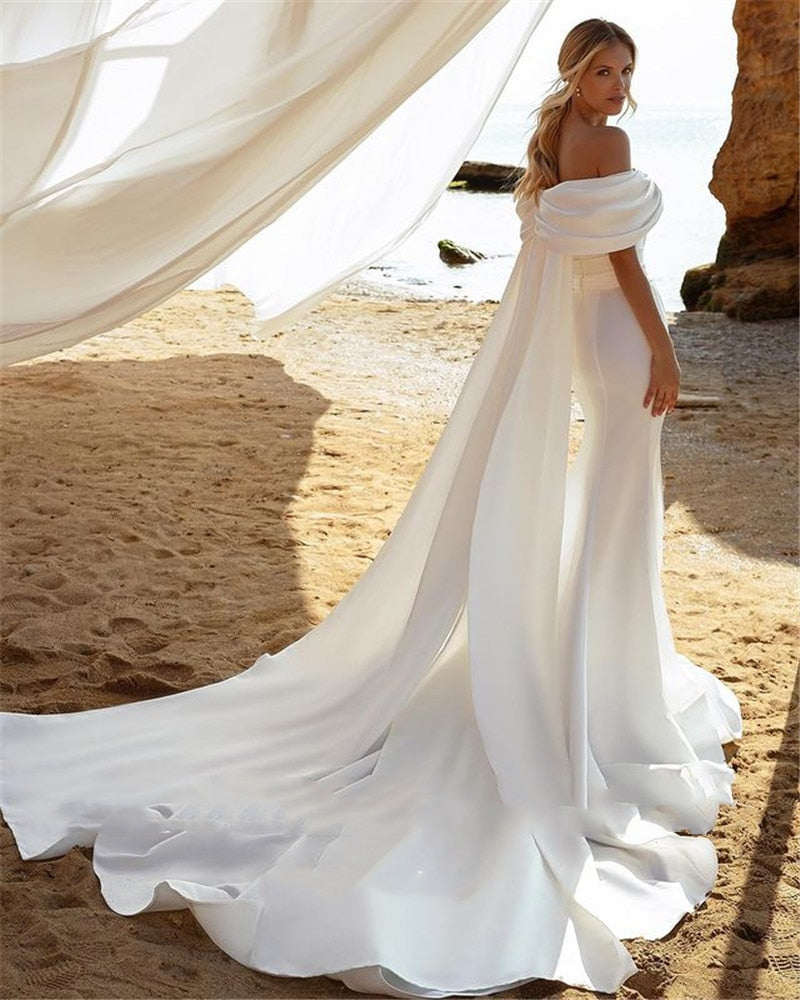 2022 Elegant Mermaid Stain Wedding Dress For Women Off The Shoulder Court Train Bridal Gowns Custom Made Robe De Mariée