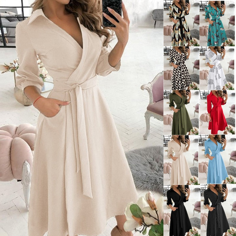 Elegant Floral Print A-line Midi Dress Women Turn-down Collar Belt Pleated Casual Dress Office Ladies Chic Autumn Vestidos 2022