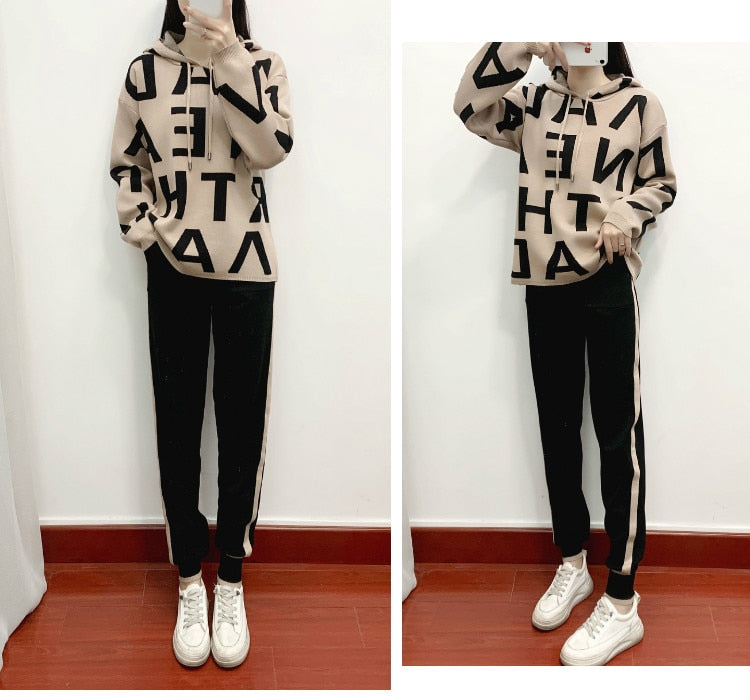 Fashion Autumn Women 2 Pieces Sets Casual Letter Print Patchwork Loose Knitted Sweater Sports Harlan Pants Suits Spring