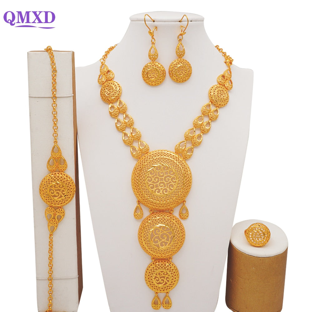 Luxury Dubai Gold Color Jewelry Sets African Bridal Wedding Flower Jewelry Sets Necklace Bracelet Earrings Ring Set Lady Gift