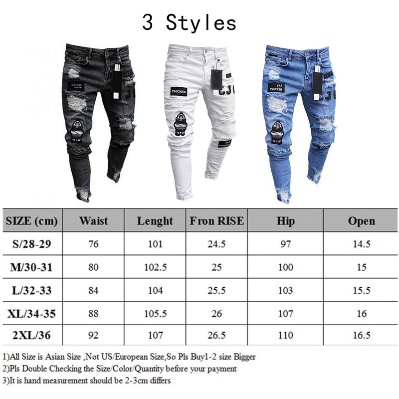 Men Stretchy Ripped Skinny Biker Embroidery Cartoon Print Jeans Destroyed Hole Slim Fit Denim High Quality Hip Hop Black Jeans