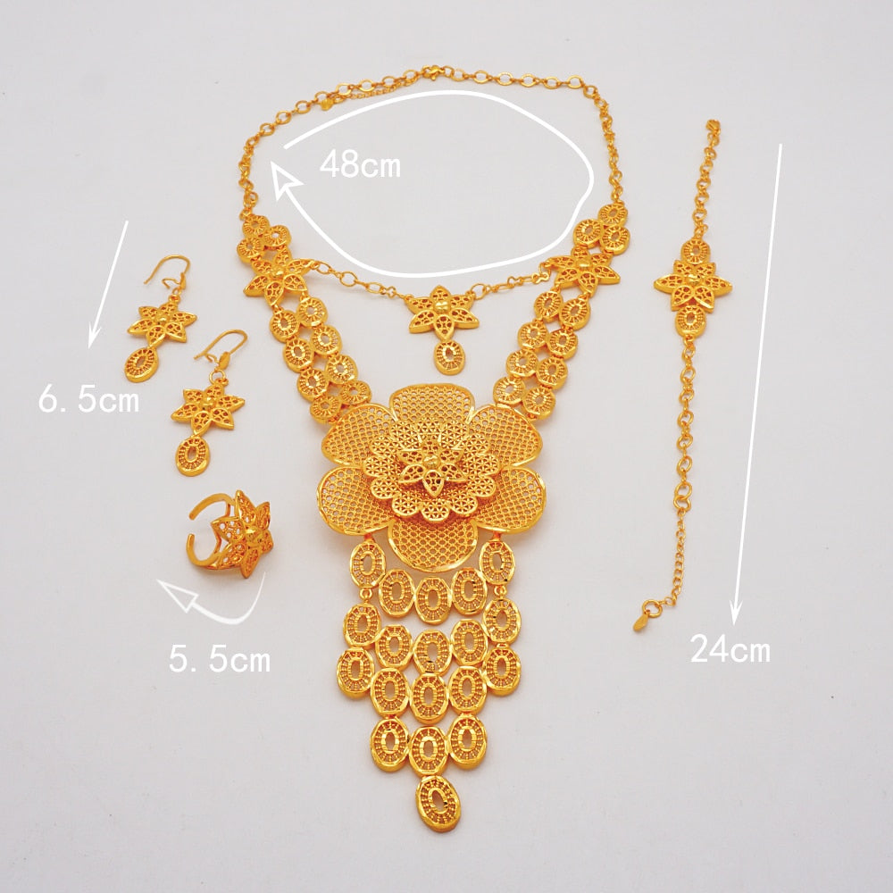 Luxury Dubai Gold Color Jewelry Sets African Bridal Wedding Flower Jewelry Sets Necklace Bracelet Earrings Ring Set Lady Gift