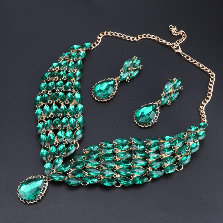 GREEN EMERALD CRYSTAL NECKLACE AND EARING SET WOMEN