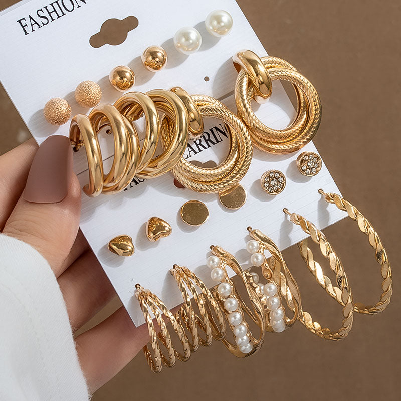 Geometric Hoop Earrings Set for Women Statement Vintage Pearl Punk Heavy Metal Circle Round Gold Earrings Fashion Jewelry Gifts