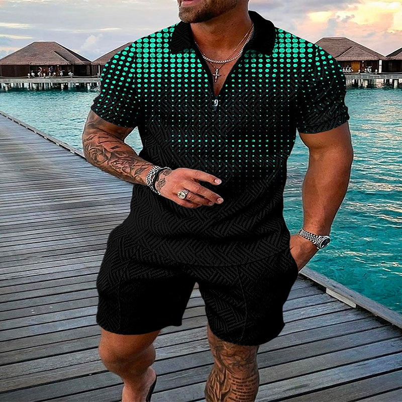 Men's Suit 3D Color Stitching Print Summer Short Sleeve Polo Shirt Shorts Suit Fashion Zipper Polo Shirt Two Piece Set New